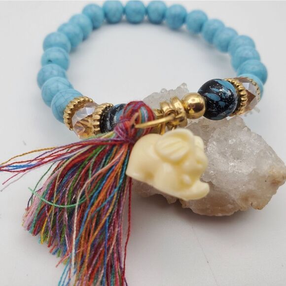Turqoiuse festive tassel elephant bracelet B1523 - Picture 2 of 4
